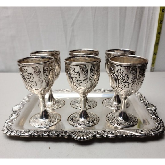 Vintage Silverplate 6 Cordials With Tray 1950's Japan - Picture 1 of 6